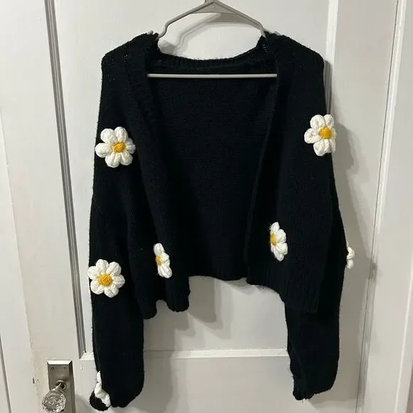 Black Cardigan with Daisy Accents - Picture 1 of 7